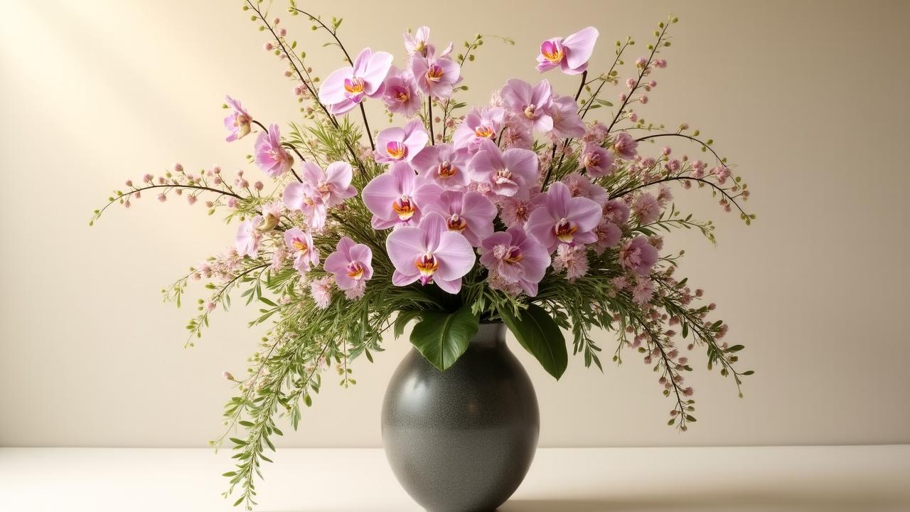 A high-end, asymmetrical floral arrangement featuring exotic blooms and wild textures