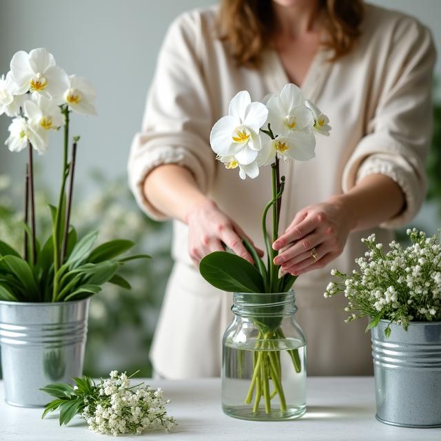 A floral designer at Feral Bloom meticulously arranging wild orchids and seasonal foliage.