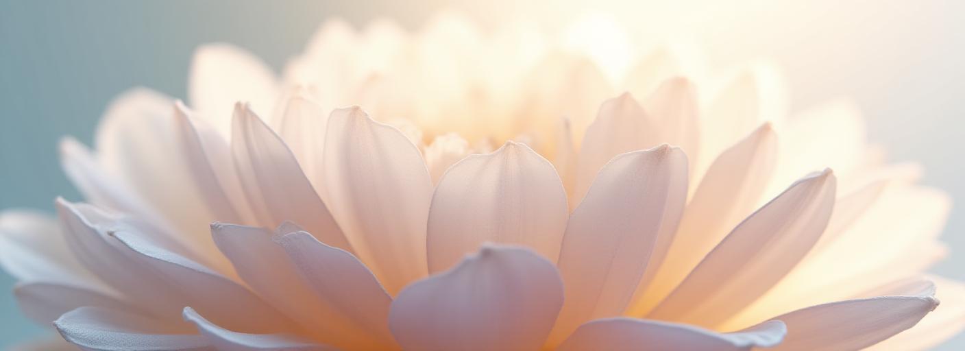 Close-up of ethereal, translucent white petals against a soft grey background, symbolizing transparency and protection.