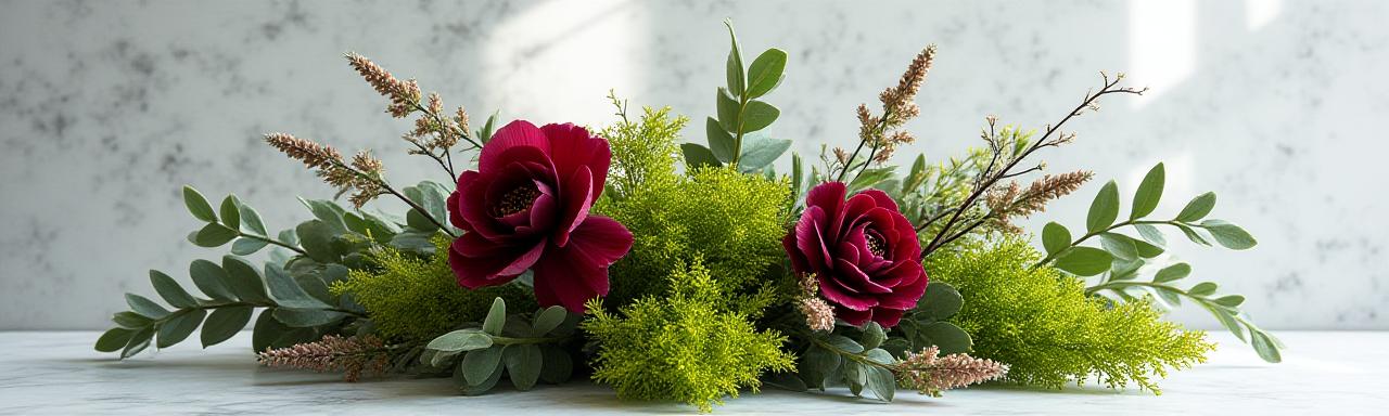 Bespoke floral arrangement with dark, moody textures and vibrant greens